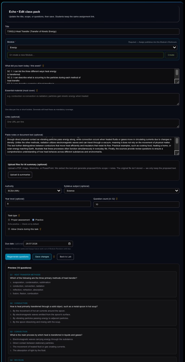 Create an Echo pack form with lesson focus and curriculum fields