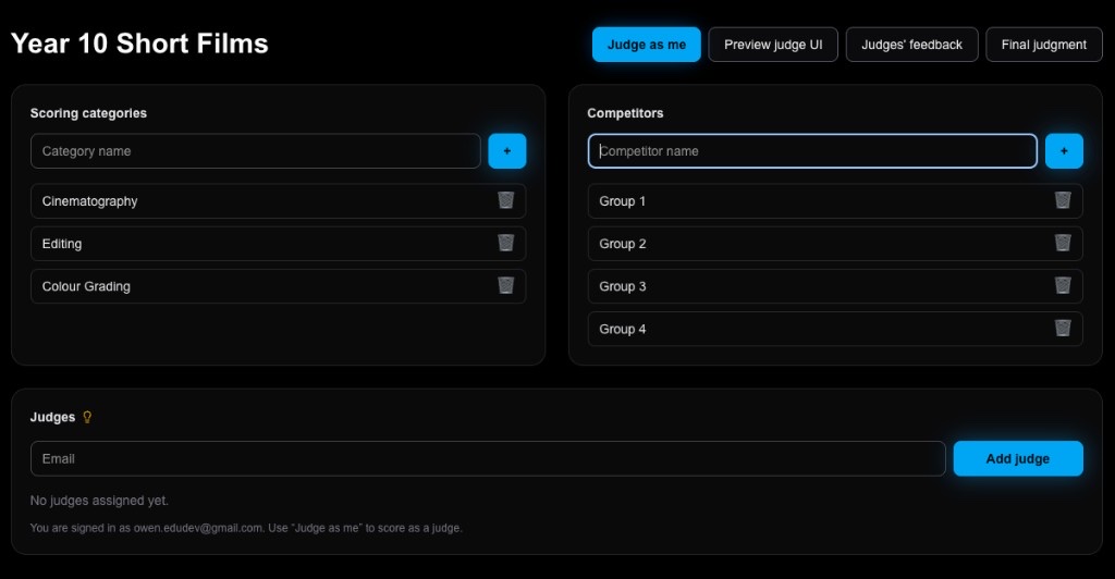 Jury event setup with categories, competitors, and judges