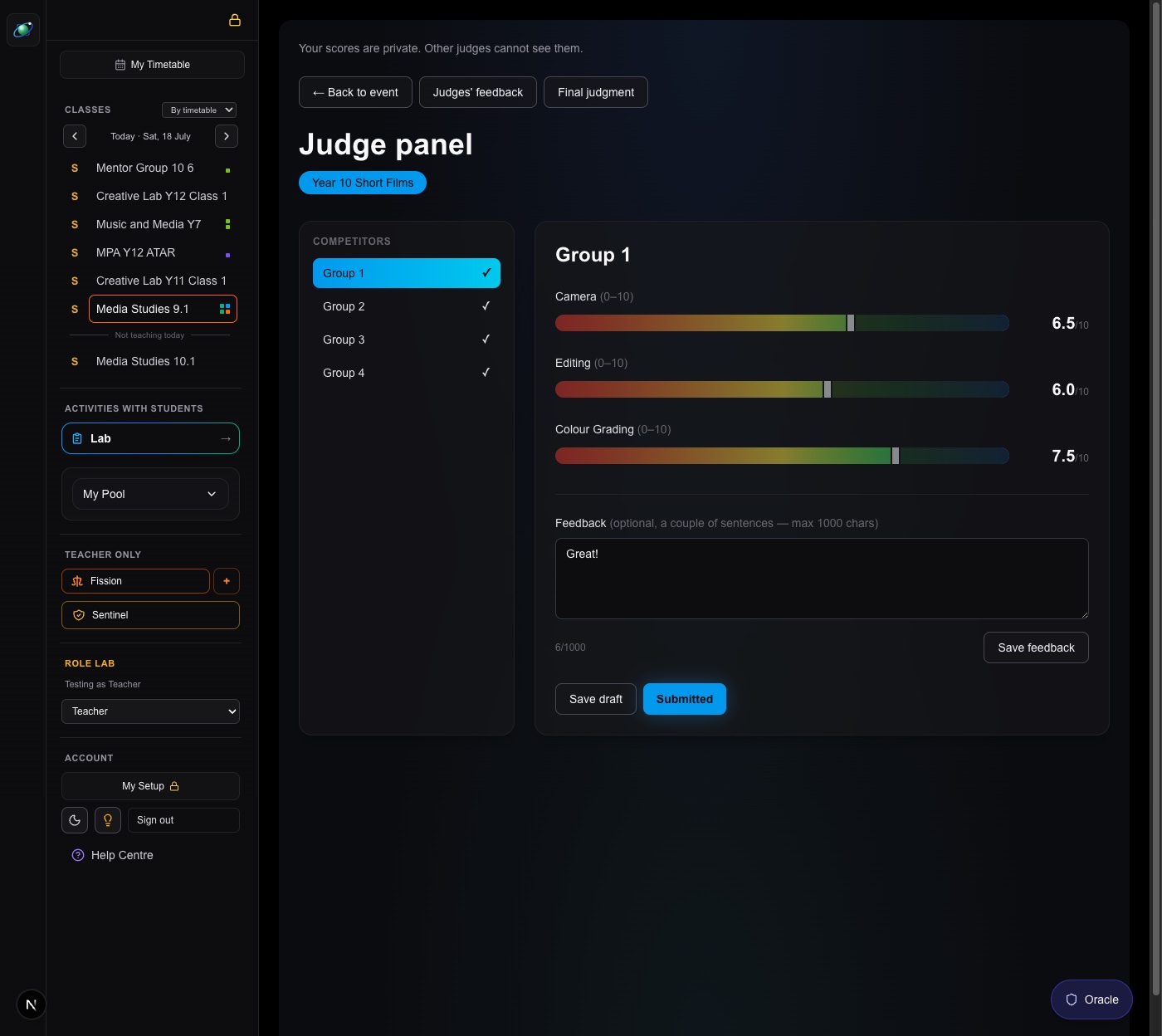Jury judge panel with private scores and criteria sliders