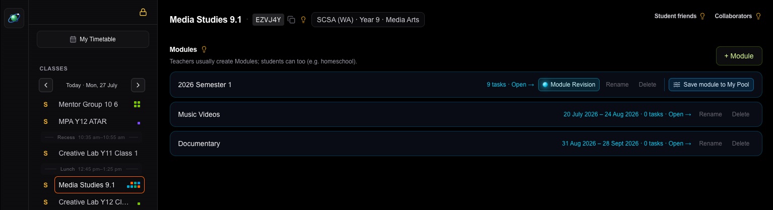 Class home with Modules list