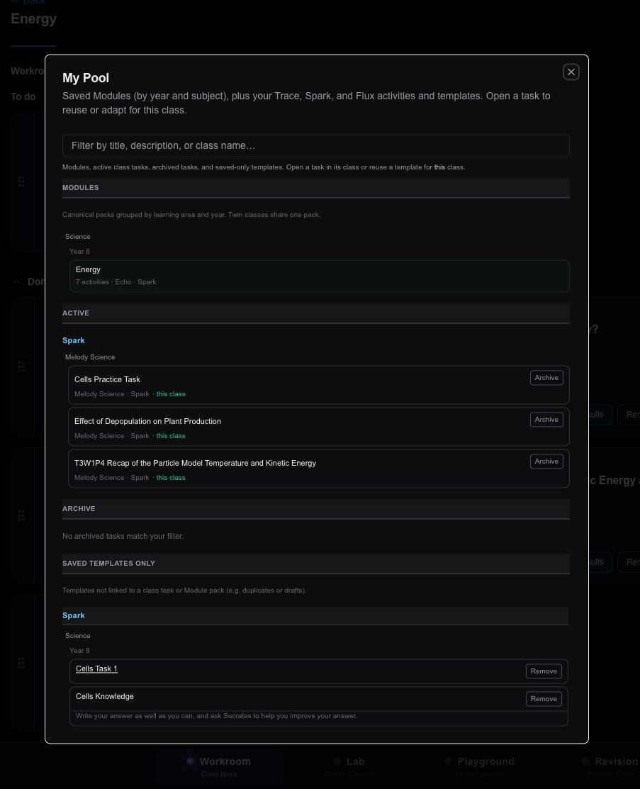 My Pool sidebar with saved module packs and templates